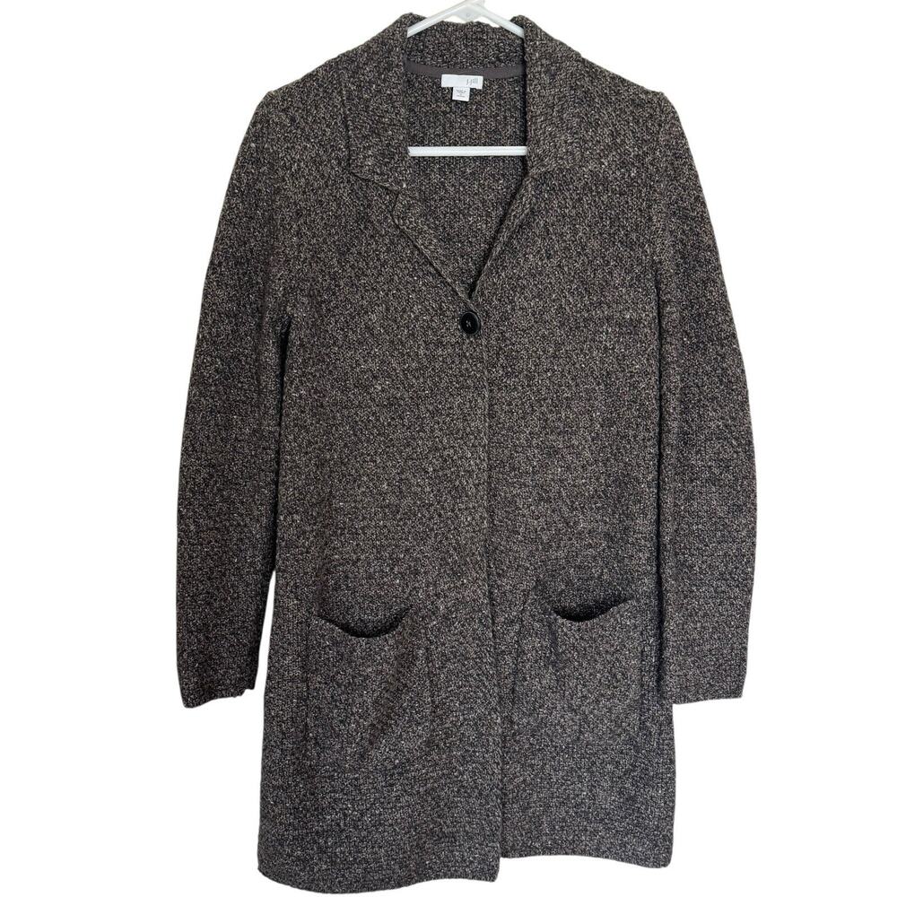J Jill Cozy Textured Long Cardigan Sweater Heathered Brown PS Chunky Knit Pocket
